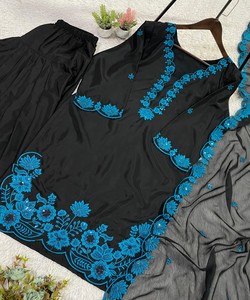 ชุดเสื้อปาเตียลาผ้าเครปไหมปักลายประณีต พร้อมผ้าคลุมไหล่ สไตล์ลำลอง ราคาขายส่ง เสื้อผ้าชาติพันธุ์ สีน้ำเงิน - Product Image 4