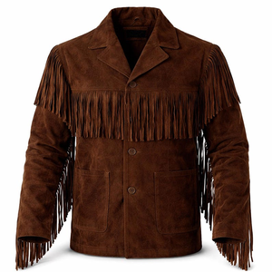 <b>Men's</b> Brown <b>Suede</b> Leather Fringe <b>Jacket</b> Western Cowboy Style Handmade Silk Lined Coat Custom Logo Wholesale Supplier - Product Image 1