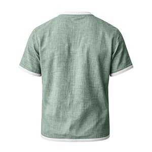 Camiseta de Verano para Hombre, Estampada, de Algodón y Lino, Manga Corta, Cuello Redondo, Ligera, Transpirable, con Ribete en Contraste y Bolsillo en el Pecho - Product Image 6