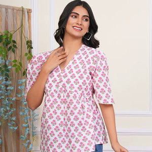 Femmes bébé rose ethnique 100% coton traditionnel main bloc imprimé fleuri court Blouse décontracté fête porter naturel lavable - Product Image 1