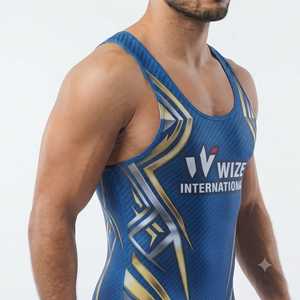 Wize International Blue Wrestling Singlet With Gold <b>Silver</b> Geometric Design Men's Gym Wear Men Singlets - Product Image 5