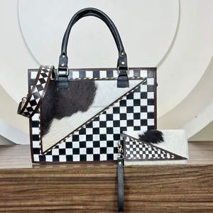 Conjunto de 2 Piezas de Bolso Tote y Cartera de Cuero Vacuno Grabado a Mano, Diseño a Cuadros, el Más Vendido del 2026, para Mujer - Product Image 6