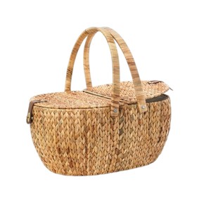Panier de pique-nique en jacinthe d'eau, design traditionnel tressé à la main, panier à fruits en osier avec doubles couvercles et poignées confortables pour - Product Image 1