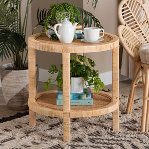 Table d'appoint en bois massif avec rangement en rotin et acajou pour meubles de salon - Product Image 6
