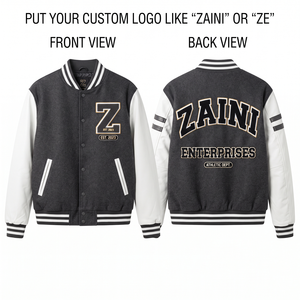 Veste universitaire pour homme ZAINI, mélange de laine premium 500 GSM, noir et blanc, coupe-vent, style streetwear, logo personnalisé en relief, automne - Product Image 1