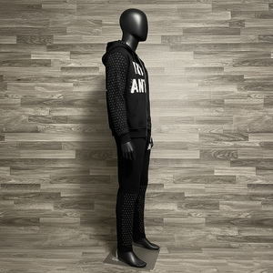 Ensemble de survêtement décontracté d'hiver pour homme, respirant, avec strass, en molleton épais, comprenant un sweat à capuche zippé et un pantalon de jogging, noir clouté - Product Image 3