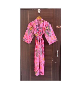 Women's Pink Animal Print Cotton <b>Kimono</b> Robe Full-Length Drawstring Closure Soft & Breathable Lightweight Summer Nightwear - Product Image 1