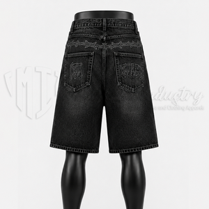 Shorts en jean baggy noirs pour homme, style gothique streetwear, avec design graphique - Product Image 2