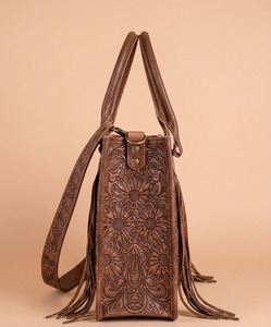 Sac fourre-tout décontracté en cuir véritable avec imprimé animalier, motif floral gaufré et pompon, avec bandoulière pour femme - Product Image 2