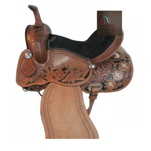 Selle de cheval western en cuir marron repoussé avec gravures florales, siège en daim noir orné de cristaux transparents, avec kit de harnais, 10-18 pouces - Product Image 4