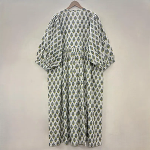 Vestido Midi Informal de Algodón Tejido para Mujer, Mangas Abullonadas, Cintura Imperio, Estilo Babydoll, Vestido de Verano 100% Algodón, Túnica Holgada con Cuello en V - Product Image 2