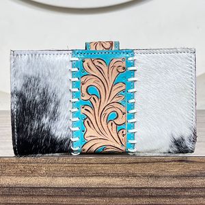 Portefeuille en cuir véritable style western, nouveauté, motif floral turquoise, pochette de créateur pour femme, motif cartes à jouer, vente chaude - Product Image 6