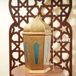 Wholesale Ramadan Home Decorations <b>Gold</b> Metal Moroccan Candle Holder <b>Lantern</b> with Color Glass for Tabletop - Product Image 4