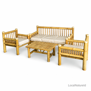 Ensemble de meubles de jardin modernes en bambou massif artisanal 4 pièces / Ensemble de canapé lounge 3 places de luxe robuste de style tropical avec coussins - Product Image 3