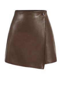 Women Genuine Leather Wrap <b>Mini</b> <b>Skirt</b> Asymmetrical Design Lace-up Decoration Solid Color Shiny Finish Natural Waistline - Product Image 5