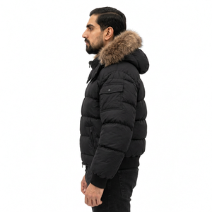 Men's Black Puffer <b>Jacket</b> <b>Hooded</b> Zipper Closure Cotton Filling <b>Fur</b> Collar Breathable Windproof Casual Streetwear Winter Wear - Product Image 4