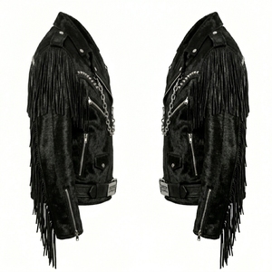 Chaqueta de cuero negra personalizada al por mayor para hombre con pelo de vaca, flecos, estilo motero, con tachuelas de metal pesado y cadena, estilo punk, fabricante de prendas de abrigo. - Product Image 3