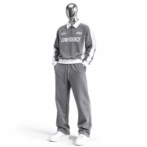 Conjunto de chándal de invierno para hombre, gris, con cremallera de un cuarto, de peso pesado 2 en 1, con logotipo personalizado y estampado Confidence, de manga larga, joggers casuales de corte holgado - Product Image 1