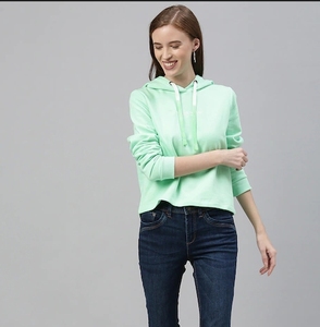 Sweat-shirt à capuche vert menthe pour femme, manches longues, décontracté, en coton tricoté, couleur unie, respirant, pour l'automne - Product Image 3