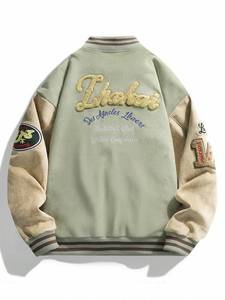 College Inspired Baseball <b>Jacket</b> Men Olive Green 100% Cotton Feel Body Beige Sleeves Vintage Varsity Quilted Hooded Winter Wear - Product Image 3