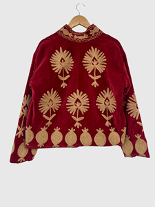 Blouson en velours rouge brodé à la main avec motif géométrique, col mandarin, manches longues, style automne pour adulte - Product Image 2