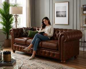 Sofá Chesterfield Tradicional de Cuero Genuino, Tres Plazas, Respaldo Acolchado, Brazos Enrollados, Patas de Madera, Muebles de Sala de Estar, Sofá de Cuero - Product Image 3