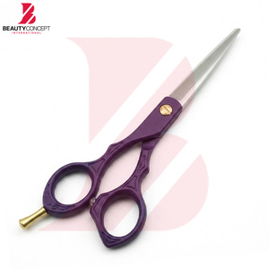 Ciseaux de barbier professionnels en acier inoxydable avec manche en plastique texturé violet et vis de tension dorée - Product Image 5