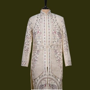 Sherwani Premium para Hombre, Personalizado, con Base de Seda, Tradicional, Largo hasta la Rodilla, con Motivo de Pavo Real, Sin Arrugas, Cuello Mandarín - Product Image 1