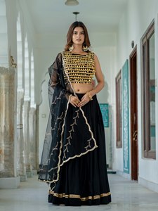 Black Gold Embroidered Polyester Quick Dry All Seasons Navratri Lehenga Set Sleeveless Crop <b>Top</b> Pleated Skirt <b>Net</b> Dupatta - Product Image 2