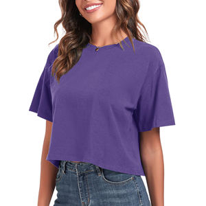 Camiseta Corta Morada para Mujer, Cuello Redondo, Corte Holgado, Informal, Color Sólido, Tejido de Punto, Algodón Jersey, para Primavera/Verano - Product Image 2