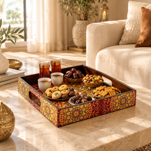 Plateau de service décoratif en bois avec motif mandala émaillé |   Plateau carré de 11 pouces avec poignées découpées, table multifonctionnelle pour mariage et repas - Product Image 3