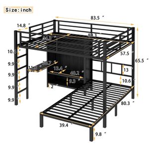 Letto a Castello in Metallo Nero Full XL su Misura con Scrivania Pieghevole e Armadio con LED, Salvaspazio e Silenzioso per Bambini - Product Image 4