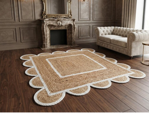 Custom Size Green <b>Scalloped</b> Border Jute Area <b>Rug</b> Handmade Woven Farmhouse Boho Living Room Entryway Carpet Natural - Product Image 5