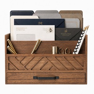 Aqdus Saleem AS-CI18 Porte-lettres de bureau et organisateur en bois d'acacia, style moderne du milieu du siècle, avec incrustation en chevron |   Vente en gros - Product Image 3
