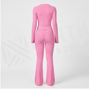 Combinaison de yoga rose à manches longues, taille haute, jambes évasées, sans coutures, extensible dans les quatre sens, couleur unie, longueur intégrale, vêtements de sport - Product Image 2