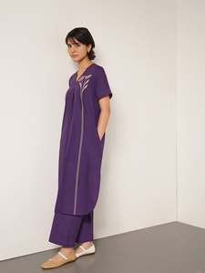 Purple Plain Midi <b>Dress</b> <b>With</b> Three Quarter <b>Sleeves</b> Turn-down Collar Loose Fit Casual <b>Summer</b> Woven Cotton Fabric Women <b>Dress</b> - Product Image 2