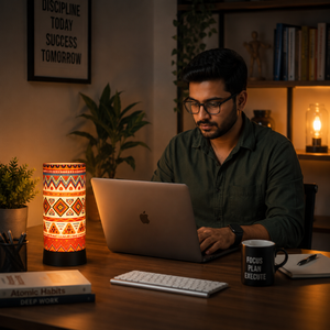 Lámpara de Mesa LED con Estampado Geométrico Tribal Colorido y Pantalla de Lino |   Lámpara de Noche Moderna para Mesa de Noche |   Decoración Bohemia para Sala de Estar - Product Image 2