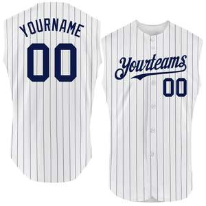 เสื้อเบสบอลแขนกุดลายเส้นสีขาวพรีเมียม ผ้าโพลีเอสเตอร์ 100% ตาข่ายเบิร์ดอาย ติดกระดุมเต็มตัว ปักโลโก้และหมายเลขผู้เล่นตามสั่ง - Product Image 1