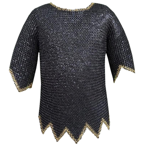 Medieval Chainmail Shirt Mild Steel with Brass 9mm Flat Riveted <b>Ring</b> Half Sleeve Zig Zag Design Handmade Costume Black Finish - Product Image 1