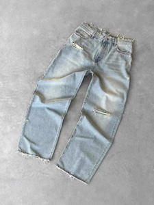 Jean cargo unisexe délavé moyen, couleur unie, avec déchirures, effet délavé à l'acide, taille haute, style streetwear décontracté - Product Image 3