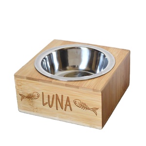 wooden and Stainless Steel Pet Bowl <b>Feeder</b> with Wooden Stand Single Bowl Dish Container for Dogs and <b>Cats</b> - Product Image 1