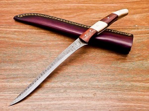 Cuchillo de filetear de acero de Damasco hecho a mano con hoja serrada, punta caída y mango de madera, grado industrial, modelo Ba-062-fillet - Product Image 1