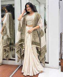 Ensemble de sari vert olive brodé pour femmes, chemisier en soie, tenue de mariage indienne et pakistanaise - Product Image 2