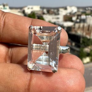 Natural Clear Crystal <b>Quartz</b> <b>Ring</b> 925 Sterling Silver Faceted Rectangular Transparent Gemstone Jewelry Elegant Gift - Product Image 3