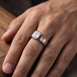 Open Band 1CT White And 0.50CT Pink Emerald Cut Diamond Toi Et Moi <b>Ring</b> 14K White Gold <b>Engagement</b> Fine Jewelry For Girlfriend - Product Image 5