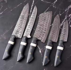 Juego de Cuchillos de Cocina de Acero de Damasco Hechos a Mano de Primera Calidad, 5 Piezas, Mango de Madera, Cuchillos de Chef Ambidiestros, Afilados como una Navaja, Juego Sostenible - Product Image 3