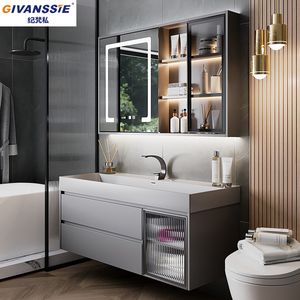 Conjunto de tocador moderno y lujoso <span class=keywords><strong>para</strong></span> dormitorio |   Mueble de <span class=keywords><strong>Baño</strong></span> con Lavabo Individual, Espejo LED Inteligente y Gabinete de Almacenamiento Lateral Auxiliar (Madera) - Product Image 2