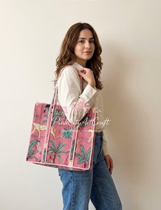 Bolso Tote de Algodón Acolchado Jaipuri, Color Rosa, con Estampado de Bloques de Animales Tropicales, Bolso de Hombro para Mujer, Ecológico, Hecho a Mano, Bolso de Compras - Product Image 6