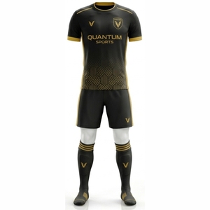 Uniforme de football personnalisé noir et or unisexe à manches courtes, respirant, sublimé, 100% polyester, col rond, pour tous - Product Image 1