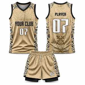 Conjunto de Uniforme de Baloncesto Personalizado al por Mayor, Diseño Geométrico Dorado y Negro, Sublimado, Malla Transpirable de Secado Rápido, Unisex para Adultos - Product Image 1